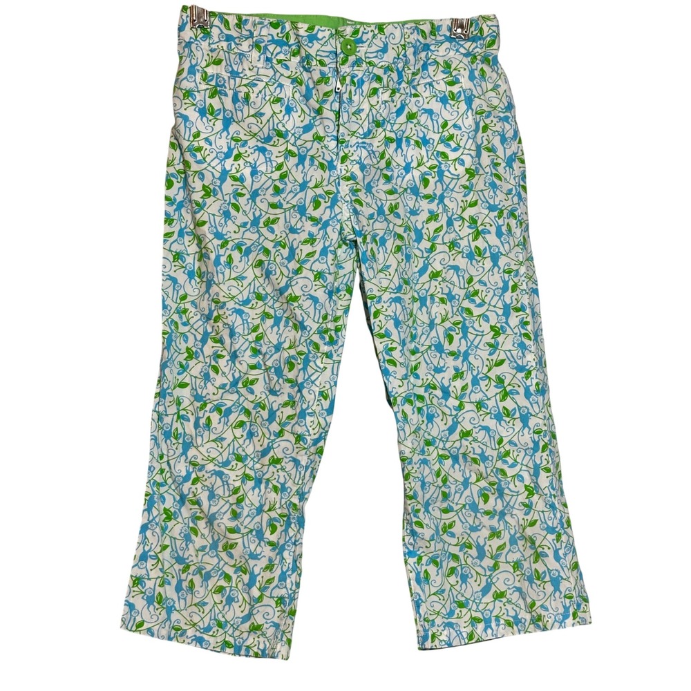 Lilly Pulitzer‎ Girls Size 7 Blue Green Monkey Print Crop Pants Adjustable Waist